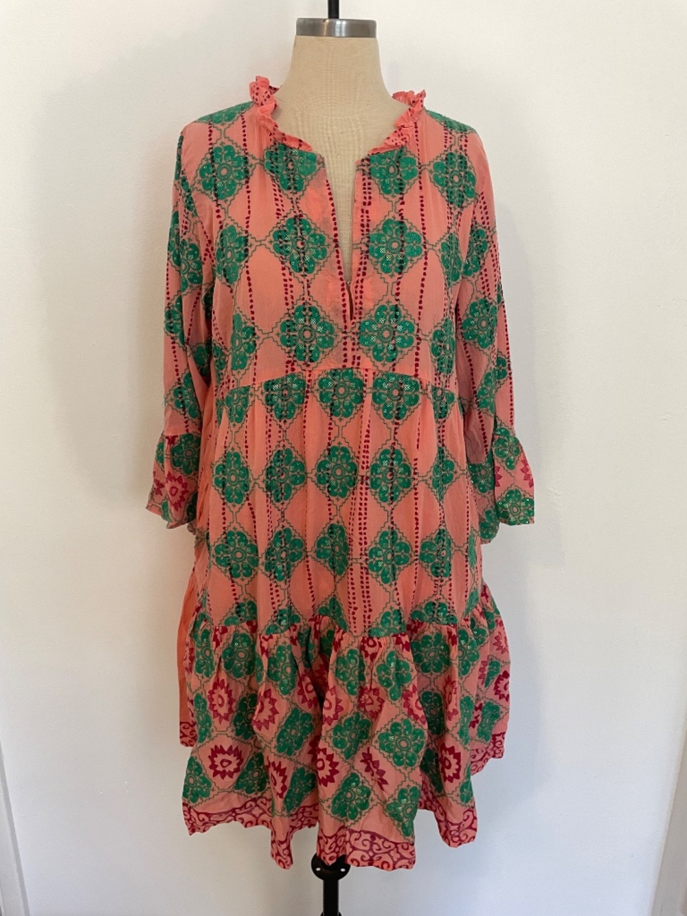 Oliphant Embroidered Long Sleeve Ruffle Peasant Dress Size Medium, Pink Boho